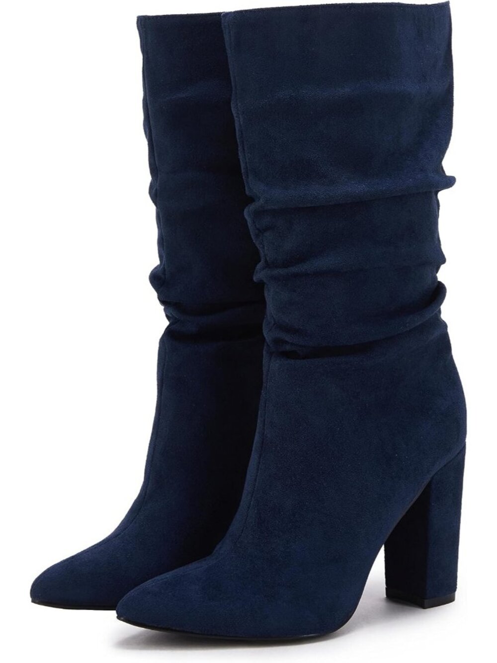 Women's Navy Winter Slouchy High Heel Chunky Block Pointed Toe Mid Calf Boots